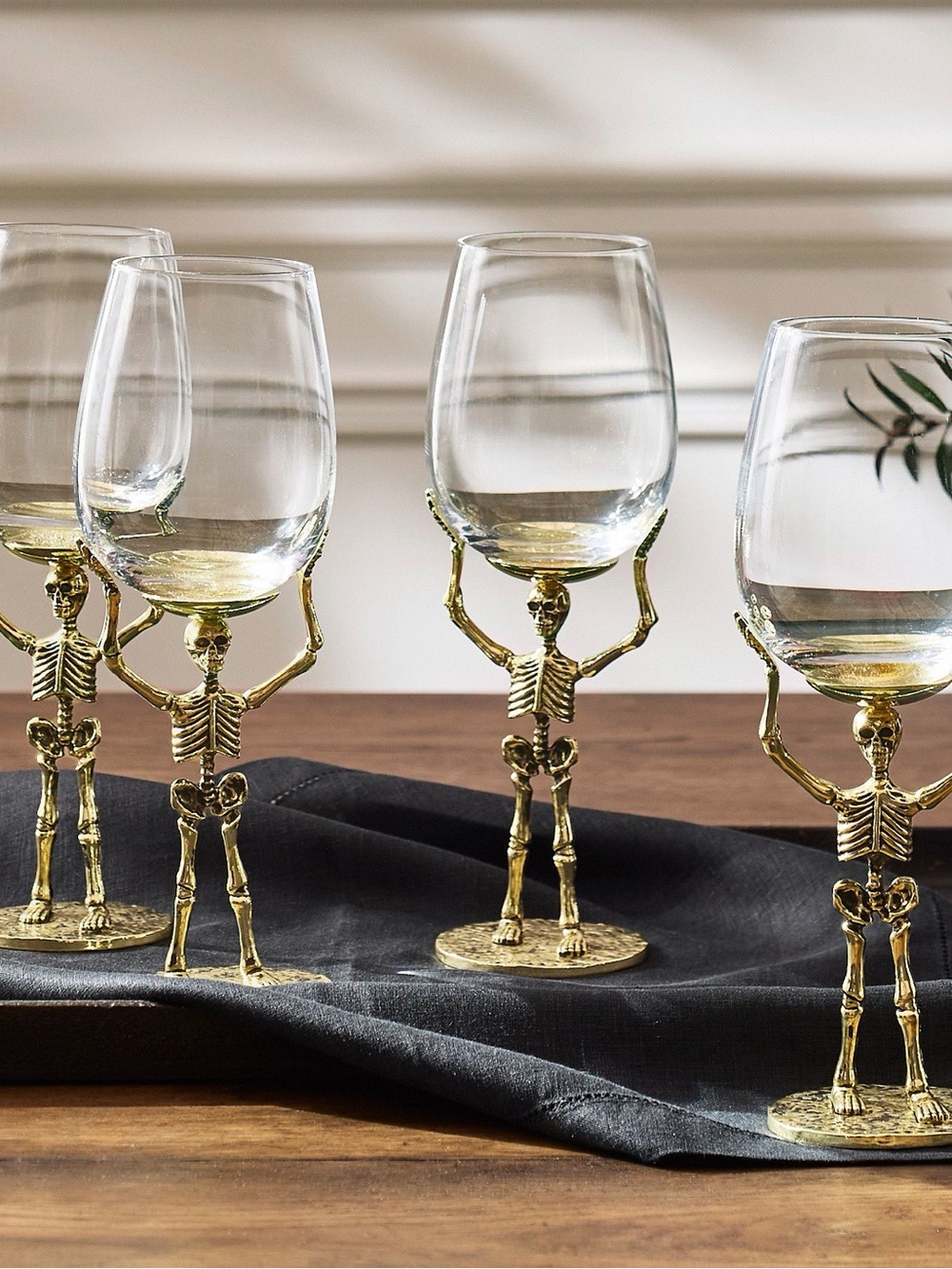 NEW Pottery Barn Halloween Silver Skeleton Stem Wine Glasses - Set of 4